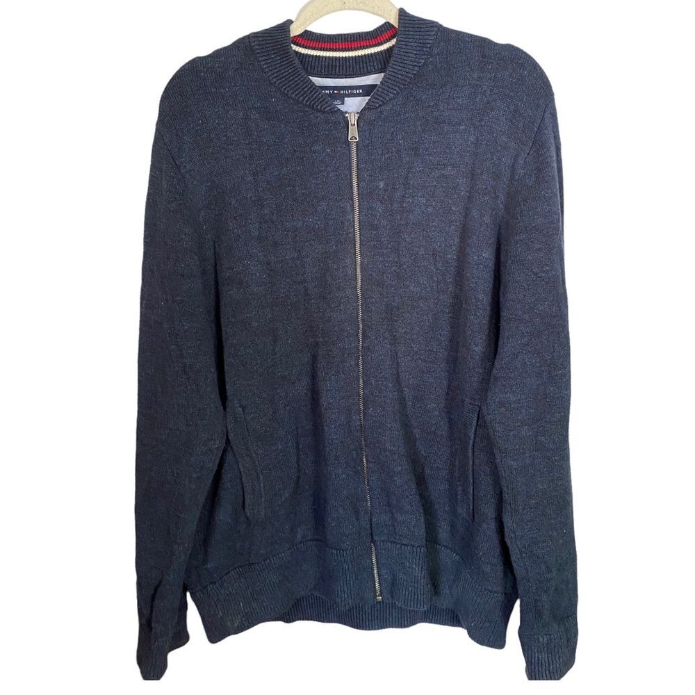 Tommy Hilfiger Mens Size L Blue Casual Full Zip Up Sweater Cotton Blend
